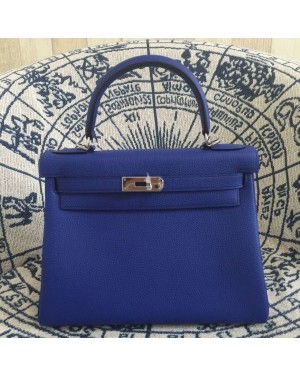 Hermes Kelly 28cm Bag Togo Leather Electric Blue Silver