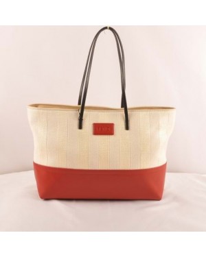 Fendi Red Leather with Beige Striped Linen Tote Bag
