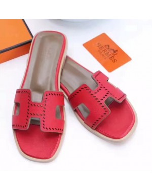 Hermes Women Flats Hollow H Leather Slippers Red Size 35-41