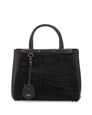 Fendi 2Jours Petite Croc-Embossed Calf Hair Tote Bag Black