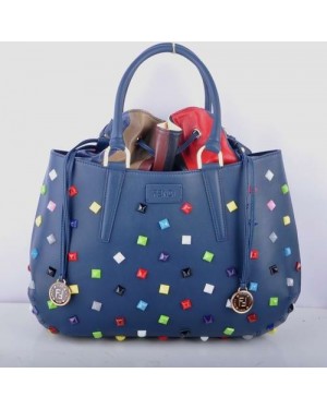 Fendi B Fab Blue Leather with Multicolor Jeweled Large Top-handle Bag