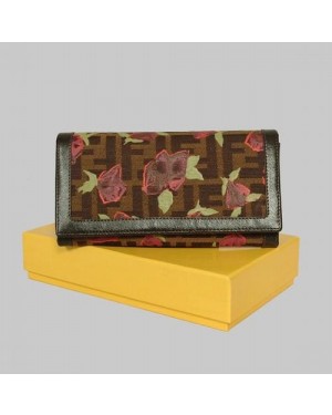 Fendi Coffee Leather with Rose Print Long Wallet