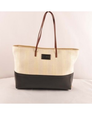 Fendi Black Leather with Beige Striped Linen Tote Bag