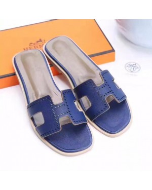 Hermes Women Flats Hollow H Leather Slippers Blue Size 35-41