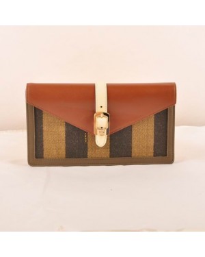 Fendi Brown Calfskin Leather with Striped Fabric Zucca Flap Wallet