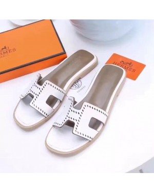 Hermes Women Flats Hollow H Leather Slippers White Size 35-41