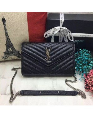 YSL Envelope Bag Caviar Leather Black Silver Chain 23cm